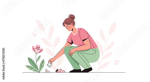 Woman Tending Flower in Garden with a Flourish of Floral Elements, Clean, Simple