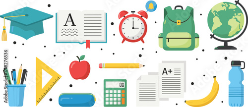 School items, education icons, learning tools, academic supplies, vector illustration, classroom essentials, student gear, study materials, back to school, teaching design