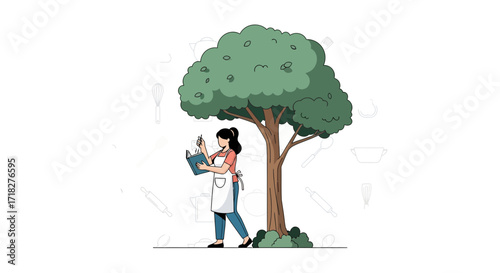 Woman Under A Tree Jotting Notes In Cookbook, Outdoors, Recipe Illustration Concept