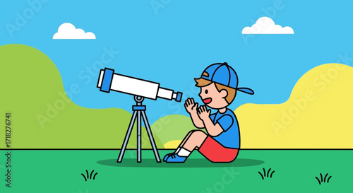 Young Explorer Enthralled by Cosmos Gazes Through Telescope in Sunny Setting