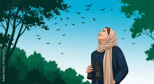 Woman Watching Birds Fly Above, Capturing Serene Joy in Nature's Embrace, Beautiful Sky