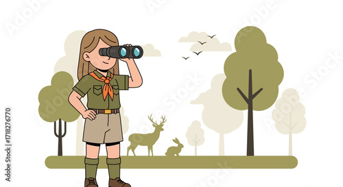 Young Explorer Finds Adventure with Binoculars in the Forest Discovering Wildlife Wonders