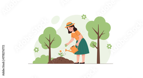 Woman Watering A Plant In A Garden, Nurturing Nature's Beauty And Cultivating Growth