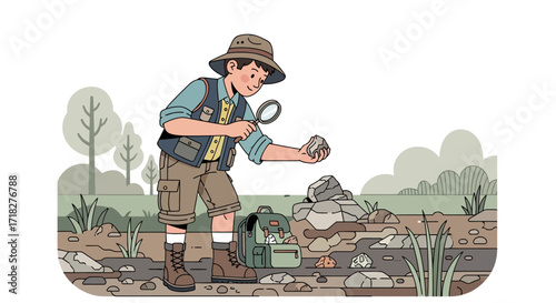 Young Explorer Focused On Rock Analysis In Nature Setting Learning Curiosity Discovery