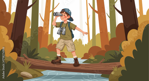 Young Explorer Gazing Through Binoculars While Exploring Nature's Wilderness Environment