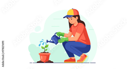 Woman Watering Plant In Garden, Nurturing Her Green Space, Cultivating Nature