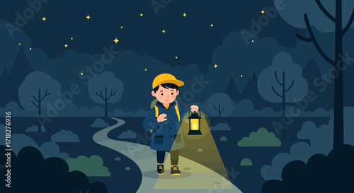 Young Explorer Guides His Way Through the Nighttime Forest Adventure Seeking Guidance