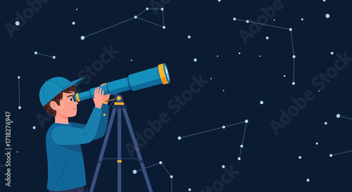 Young Explorer Gazing Through Telescope Under a Starry Night Sky to Seek Out Constellations