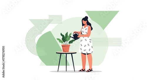 Woman Watering Plants, Botanical Illustration, Modern Decor, Gardening, Minimalist Lifestyle