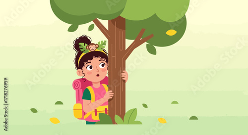 Young Explorer Hiding Behind Tree Looking Surprised In A Whimsical Outdoor Scene