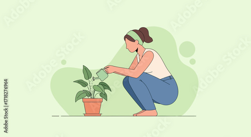 Woman Watering Potted Plant, Cultivating Beauty And Nurturing Home Greenery With Care