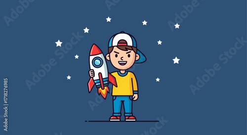 Young Explorer Holding Rocket in Space, Ready for Interstellar Launch or Trip