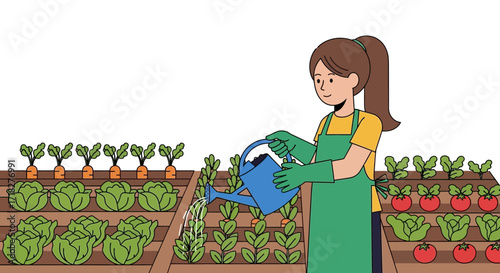 Woman Watering Vegetables in Garden, Illustrating Organic Farming and Horticulture