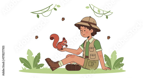Young Explorer Interacting With A Friendly Squirrel In A Lush Green Environment