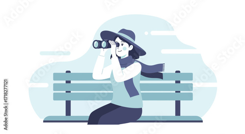 Woman With Binoculars Admiring The View While Relaxing On A Bench Outdoors