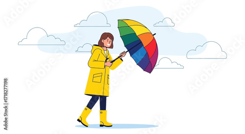 Woman With Colorful Umbrella: A Vibrant Day Amidst Cloudy Skies Illustration