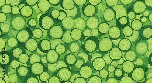 Vibrant green backdrop featuring an abundant array of freshly sliced organic vegetable cucumber rounds, creating a delicious and healthy food pattern for culinary and dietary themes