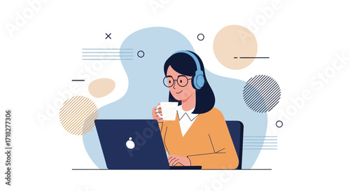 Woman Working On Laptop Wearing Headphones And Drinking Coffee At The Workplace Vector