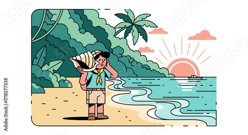 Young Explorer Listens To A Seashell On A Tropical Beachfront At Sunset Scene Illustration