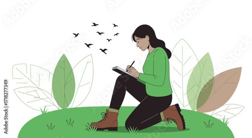 Woman Writes In Nature With Birds Flying, Capturing Thoughts, Sketching Outside