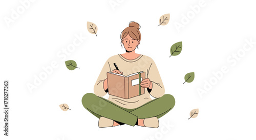 Woman Writing In A Journal With Leaf Elements Isolated On White Background