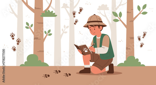 Young Explorer Observing Animal Tracks In The Forest For Their Daily Journal