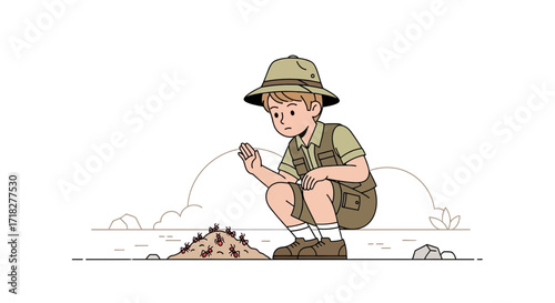 Young Explorer Observing Ants and Understanding Life's Miniature Wonders in Nature