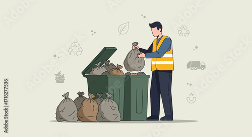 Worker Disposing Of Waste For Collection Into The Bin, Environmental Preservation