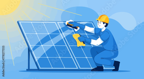 Worker Cleaning Solar Panels Under The Sun For Sustainable Clean Energy Production