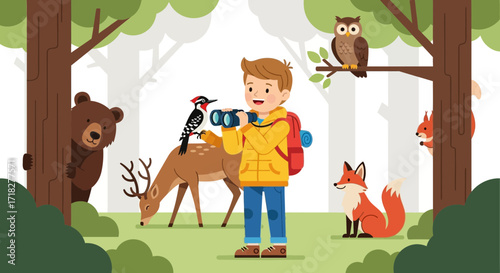 Young Explorer Observing Forest Wildlife, Discovering Animals With Binoculars, Adventure Time