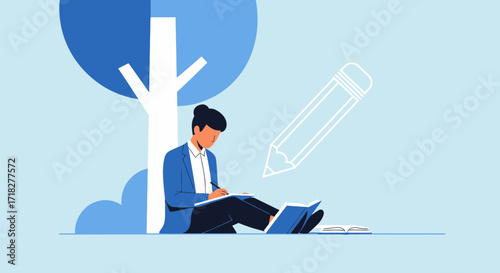 Writer Under Tree Planning and Ideating With Pencil Drawn Visual Concept Illustration