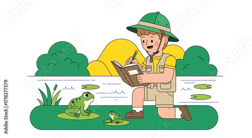 Young Explorer Observing Frog Life in Nature During Environmental Research