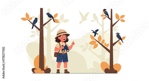 Young Explorer Observing Forest Avians with Binoculars in Whimsical Illustration