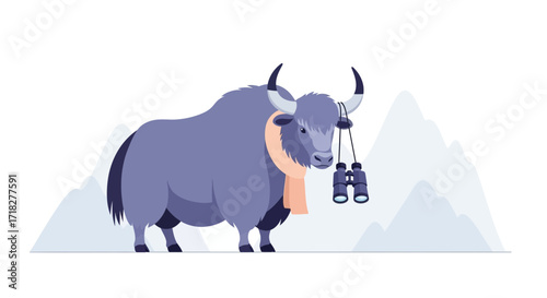Yak With Binoculars Observing Majestic Mountain Peaks, Illustration Of Wildlife And Nature