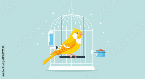 Yellow Canary Bird Inside Cage On Sky Blue Background, Artistic And Lovely