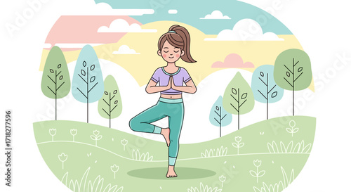 Yoga Practitioner Balancing In Nature, Promoting Health and Wellness Within a Beautiful Scene