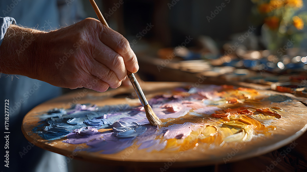 Fototapeta premium Hand skillfully mixes vibrant paint on wooden palette, preparing for creative painting session. scene is bathed in warm light, highlighting rich colors and textures of paint