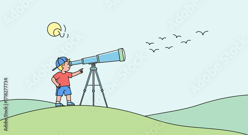 Young Explorer Points Discoveries Seen Through A Telescope On A Sunny Day