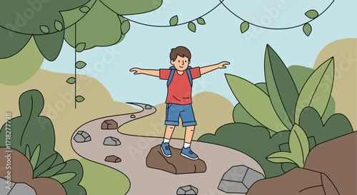 Young Adventurer Exploring The Jungle Pathway with Excited Arms Open Wide and a Backpack