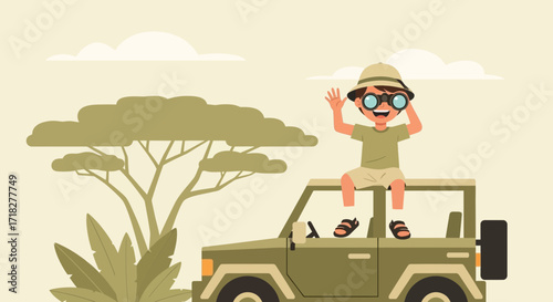 Young Adventurer on Safari Adventure: Exploring the Wild Using Binoculars