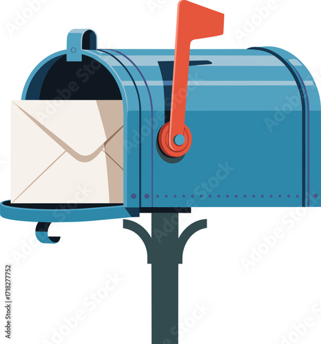 Blue mailbox with letter, mail delivery icon, postal box, envelope inside, communication symbol, home mail, vector illustration, retro design, postal service