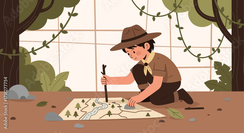 Young Explorer Pondering His Map In A Forest Setting, Concentrating On His Quest