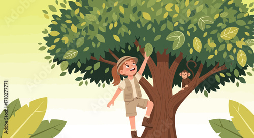 Young Explorer Reaching For Leaves While A Monkey Observes From A Tree Branch