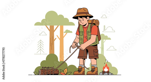 Young Adventurer Preparing Firewood At The Campsite, Adventure And Exploration Theme