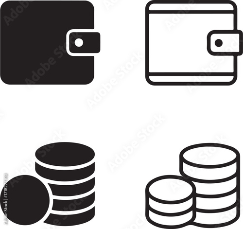 Isolated wallet icons, solid wallet, line wallet, coins icons, filled coins, thin stroke coins, minimal black vector, editable finance money payment design