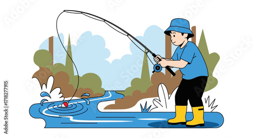 Young Angler Casting Rod Near Water, Seeking Aquatic Wildlife and Joyful Moments