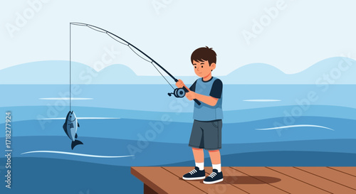 Young Angler Skillfully Reels In a Fish, Symbolizing Joyful Leisure and Outdoor Bonding