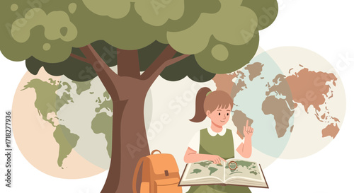 Young Explorer Studying The World Map Under A Protective Tree's Shade For Education
