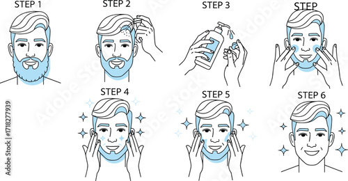 Men skincare routine, grooming steps, facial care, hygiene guide, cartoon illustration, self-care process, beard care, clean face, vector design, beauty tips