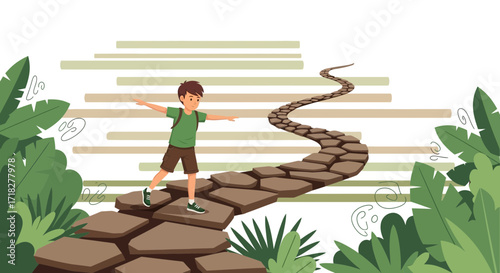 Young Explorer Walking On Stone Pathway Towards The Future Surrounded By Lush Greenery Illustration